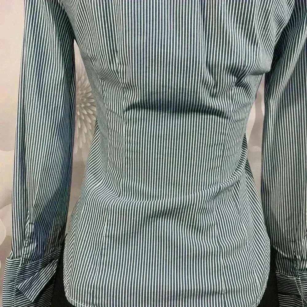 Express Design Studio Womens Size XS Blue‎ & White Striped Ruffled Blouse - Picture 7 of 9